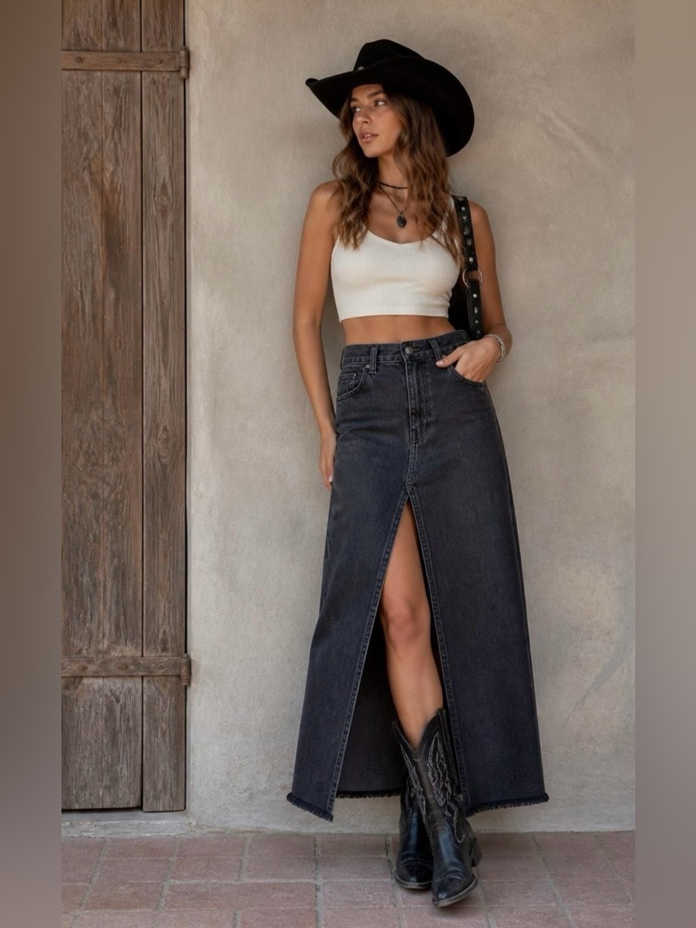 & Other Stories Black High-Waist Denim Maxi Skirt with Center Slit